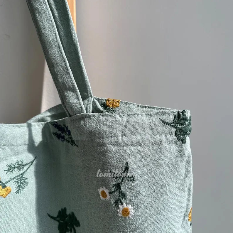 Boho Embroidered Floral Tote Bag in Sage Green Natural Beige Daisy | Lavender Design with Zipper Closure Perfect Gift for Her Back to School