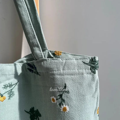 Boho Embroidered Floral Tote Bag in Sage Green Natural Beige Daisy | Lavender Design with Zipper Closure Perfect Gift for Her Back to School