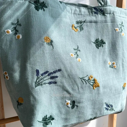 Boho Embroidered Floral Tote Bag in Sage Green Natural Beige Daisy | Lavender Design with Zipper Closure Perfect Gift for Her Back to School