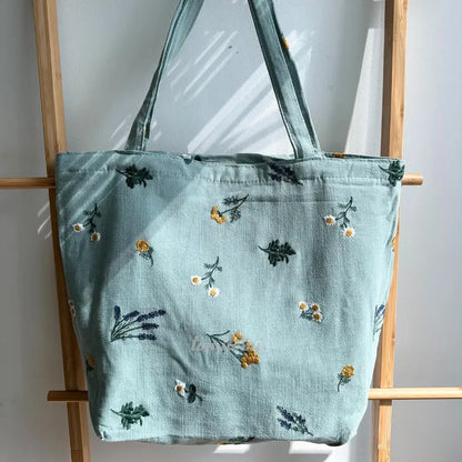 Boho Embroidered Floral Tote Bag in Sage Green Natural Beige Daisy | Lavender Design with Zipper Closure Perfect Gift for Her Back to School