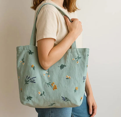 Boho Embroidered Floral Tote Bag in Sage Green Natural Beige Daisy | Lavender Design with Zipper Closure Perfect Gift for Her Back to School