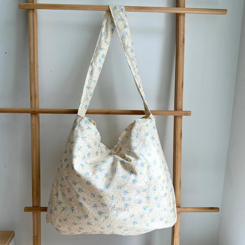 Corduroy Floral Shoulder Bag: Dandelion Print Cotton Tote