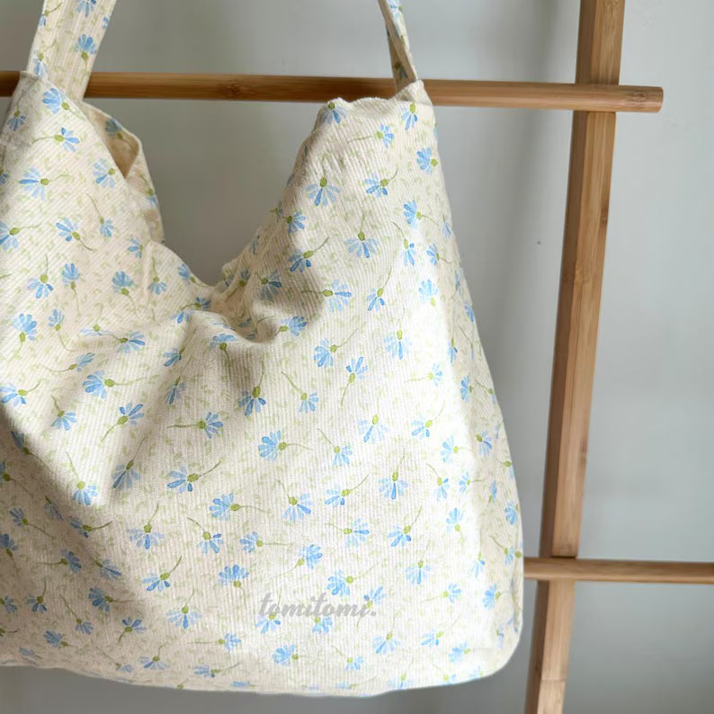 Corduroy Floral Shoulder Bag: Dandelion Print Cotton Tote