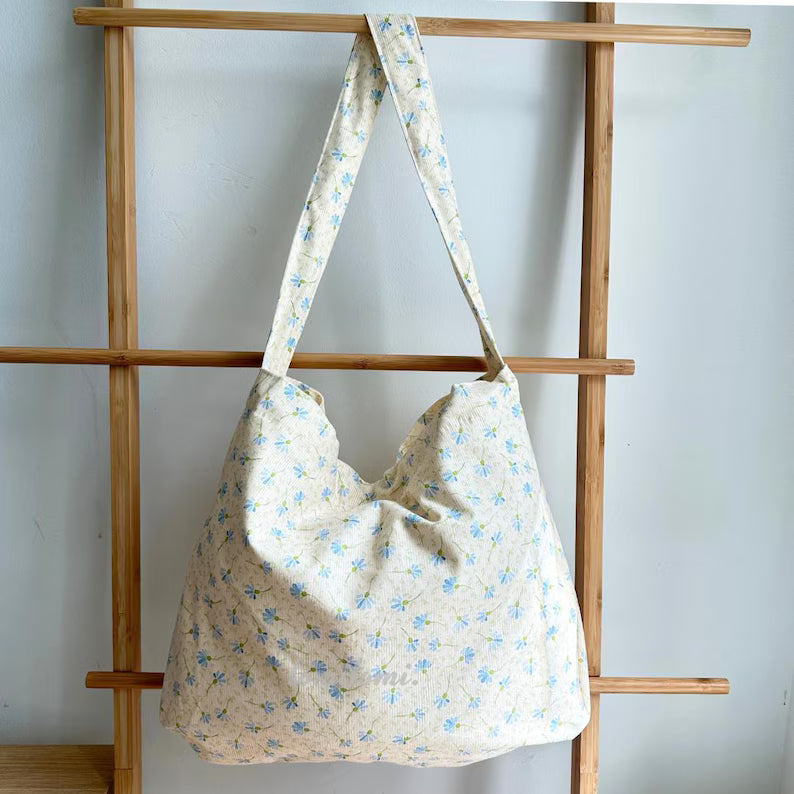 Corduroy Floral Shoulder Bag: Dandelion Print Cotton Tote